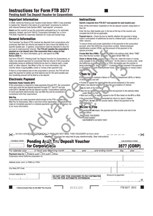 Fillable Form 3577 (Corp) Draft - Pending Audit Tax Deposit Voucher For Corporations Printable pdf