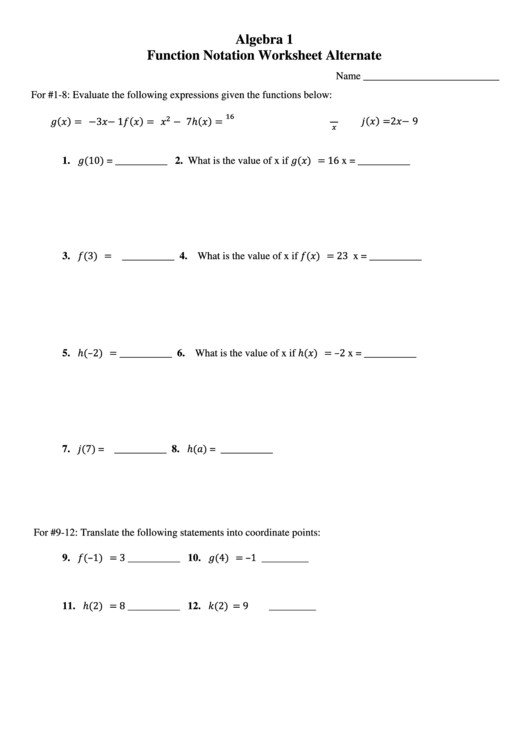 Function Notation Worksheet Alternate