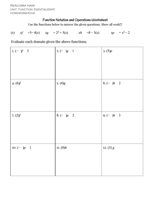 Function Notation And Operations Worksheet Answers