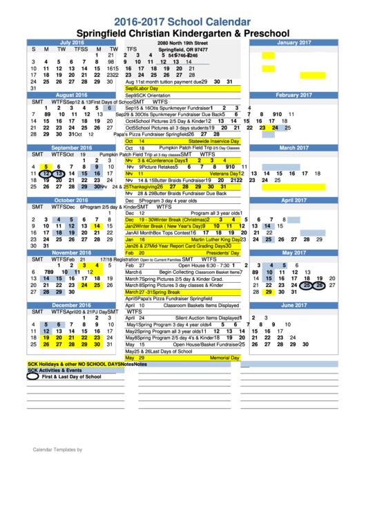 School Calendar - Springfield Christian Kindergarten & Preschool - 2016-2017 Printable pdf