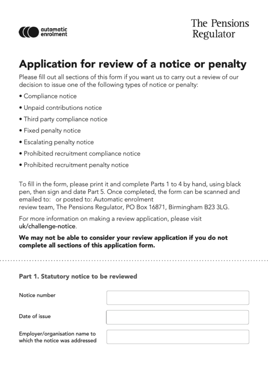 Application For Review Of A Notice Or Penalty - The Pensions Regulator Printable pdf