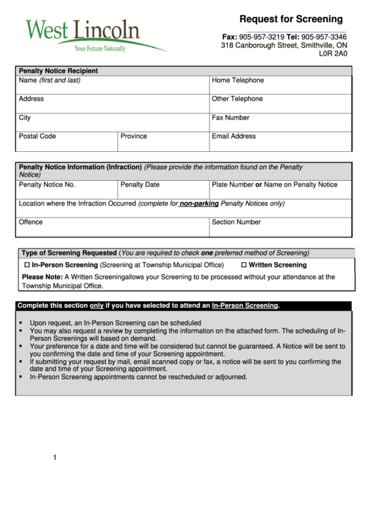 Request For Screening - Township Of West Lincoln printable pdf download