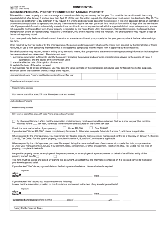 Form 50144 Confidential Business Personal Property Rendition Of