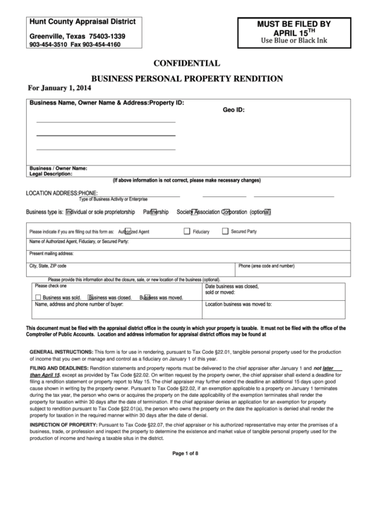 Confidential Business Personal Property Rendition - Hunt County Appraisal District - 2014 Printable pdf