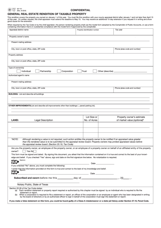 Fillable Form 50-141 - Confidential General Real Estate Rendition Of Taxable Property Printable pdf