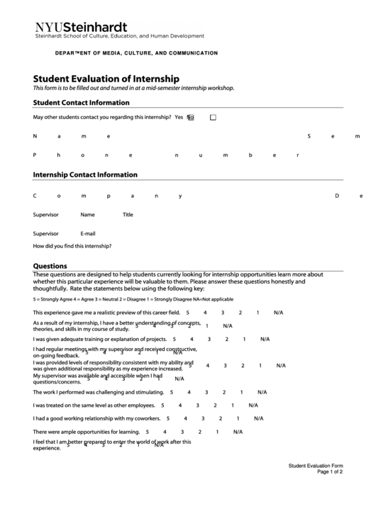 Student Evaluation Of Internship Form Printable pdf