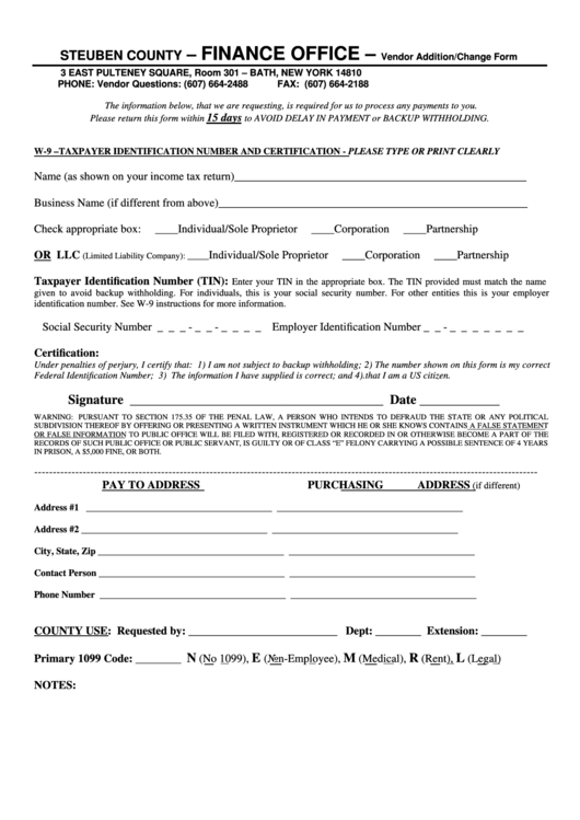 Vendor Addition/change Form - Steuben County Printable pdf