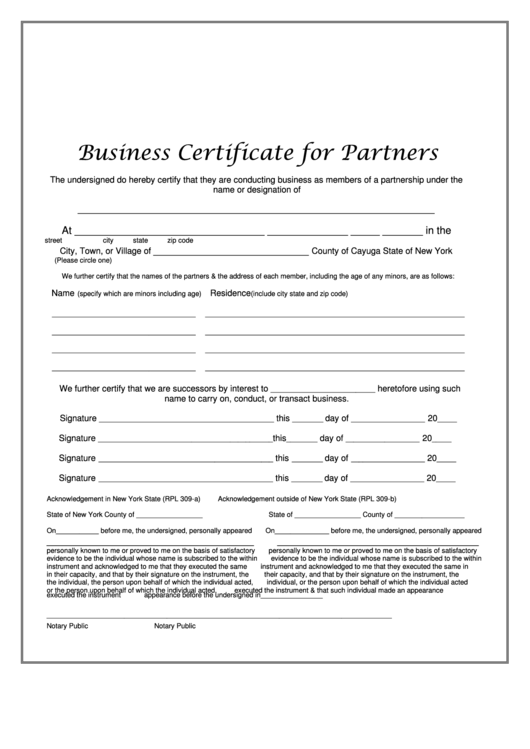 Business Certificate For Partners Template Printable pdf