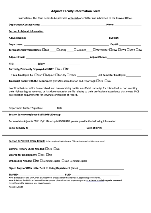 Fillable Adjunct Faculty Information Form Printable pdf