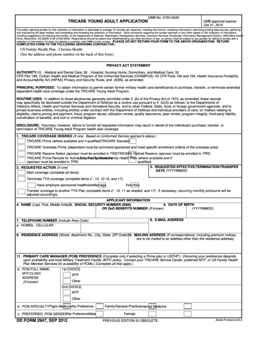 Fillable Dd Form 2947 - Tricare Young Adult Application Printable pdf