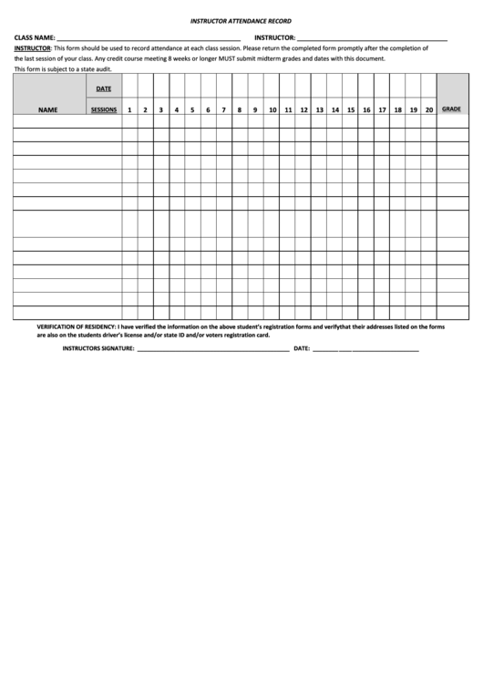 Instructor Attendance Record Template Printable pdf