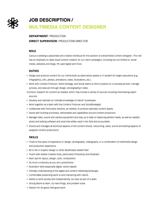 Sample Multimedia Content Designer Job Description printable pdf download