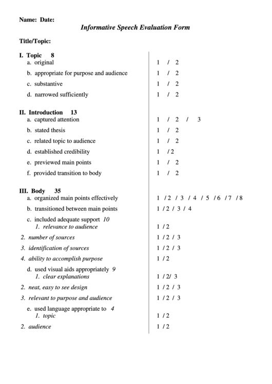 Informative Speech Evaluation Form Printable pdf