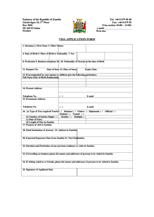 Visa Application Form - Embassy Of The Republic Of Zambia In Sweden Printable pdf