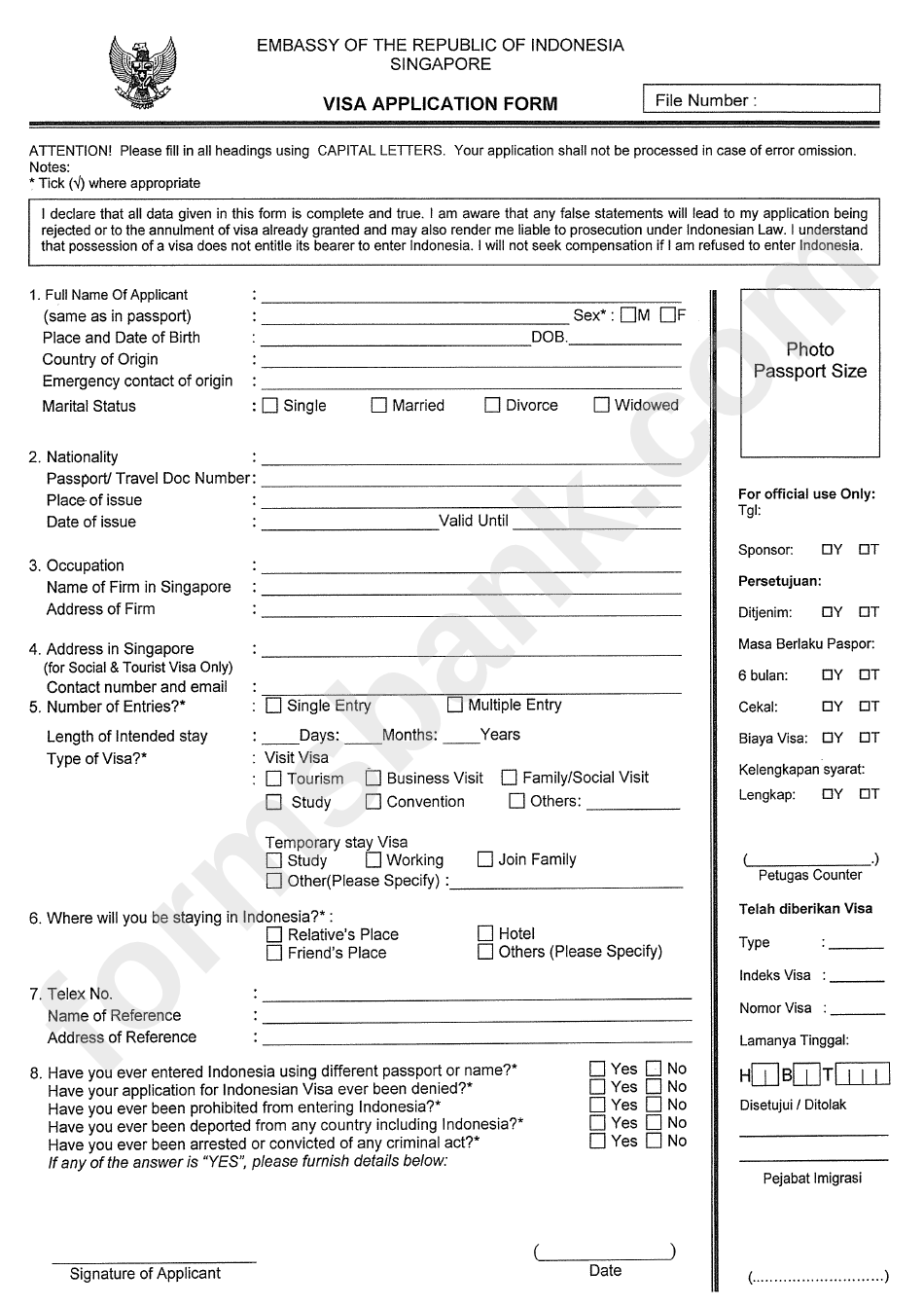 Visa Application Form - Embassy Of The Republic Of Indonesia In Singapore