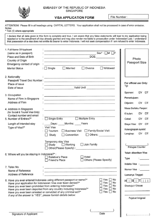 Visa Application Form - Embassy Of The Republic Of Indonesia In Singapore Printable pdf