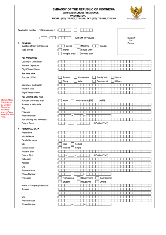 Fillable Visa Application Form - Embassy Of The Republic Of Indonesia Printable pdf