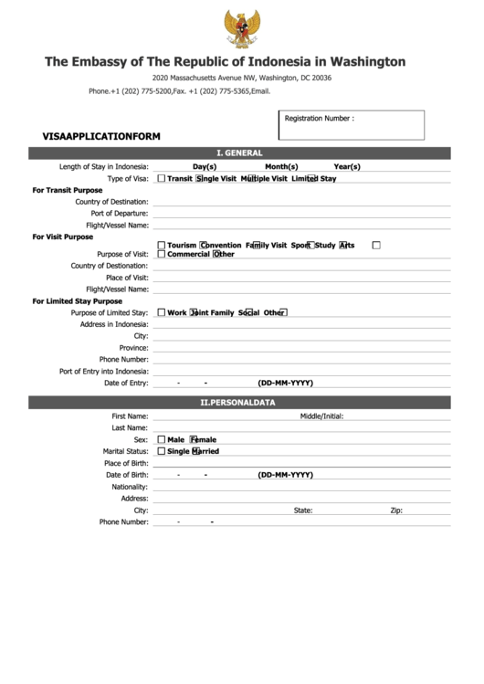Fillable Visa Application Form - The Embassy Of The Republic Of Indonesia In Washington D.c. Printable pdf