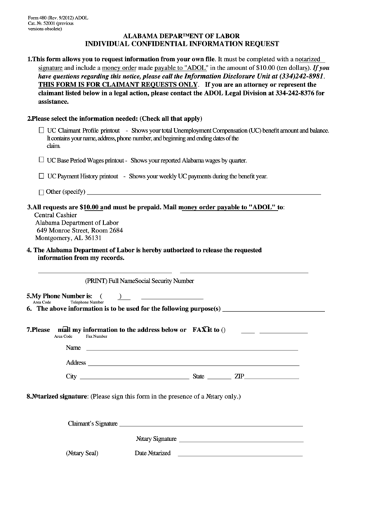Fillable Form 480 - Individual Confidential Information Request Printable pdf