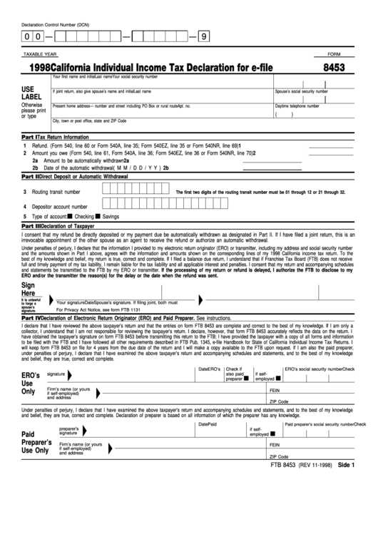 Fillable Form 8453 - California Individual Income Tax Declaration For E-File - 1998 Printable pdf