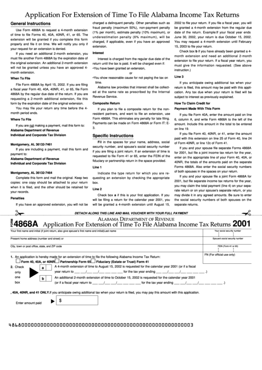 Form 4868a - Application For Extension Of Time To File Alabama Income Tax Returns - 2001