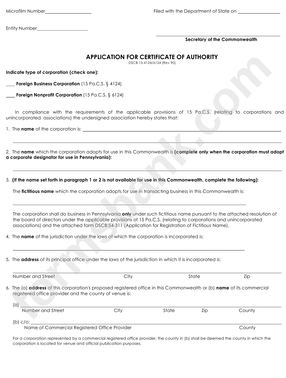 Form Dscb: 15-4124/6124 - Application For Certificate Of Authority