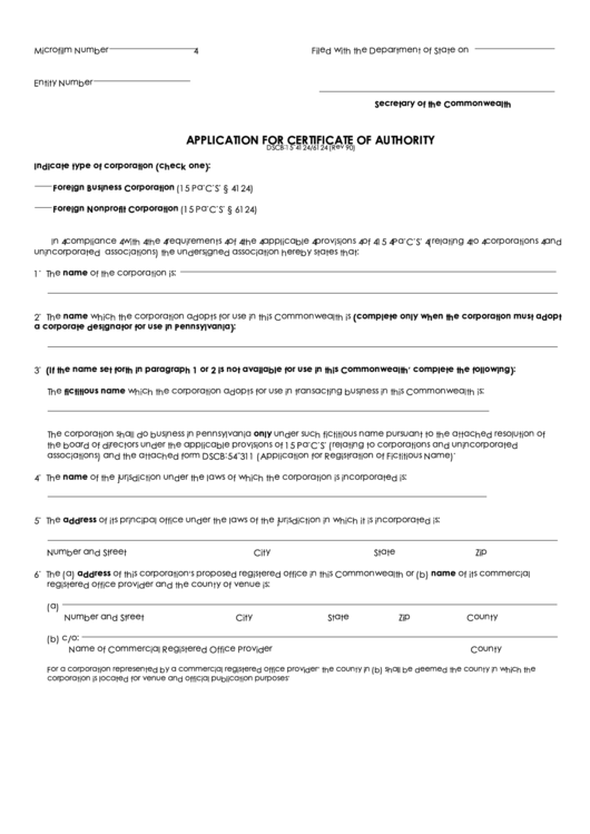 Form Dscb: 15-4124/6124 - Application For Certificate Of Authority Printable pdf