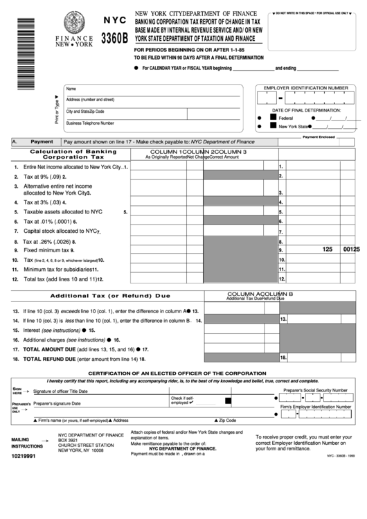 Form Nyc-3360b - Banking Corporation Tax Report Of Change In Tax Base Made By Internal Revenue Service And/or New York State Department Of Taxation And Finance - 1999 Printable pdf