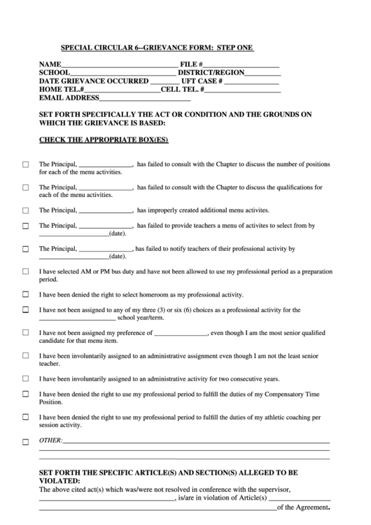 Special Circular 6 Grievance Form Step 1 Printable pdf