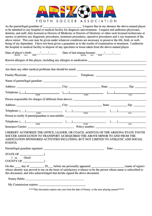 Fillable Arizona Youth Soccer Assosiation Medical Form Printable pdf