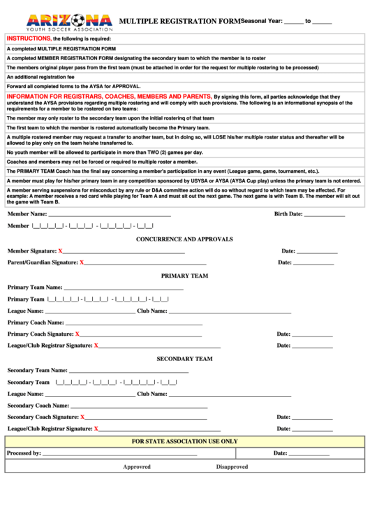 Fillable Multiple Registration Form - Arizona Youth Soccer Assosiation Printable pdf