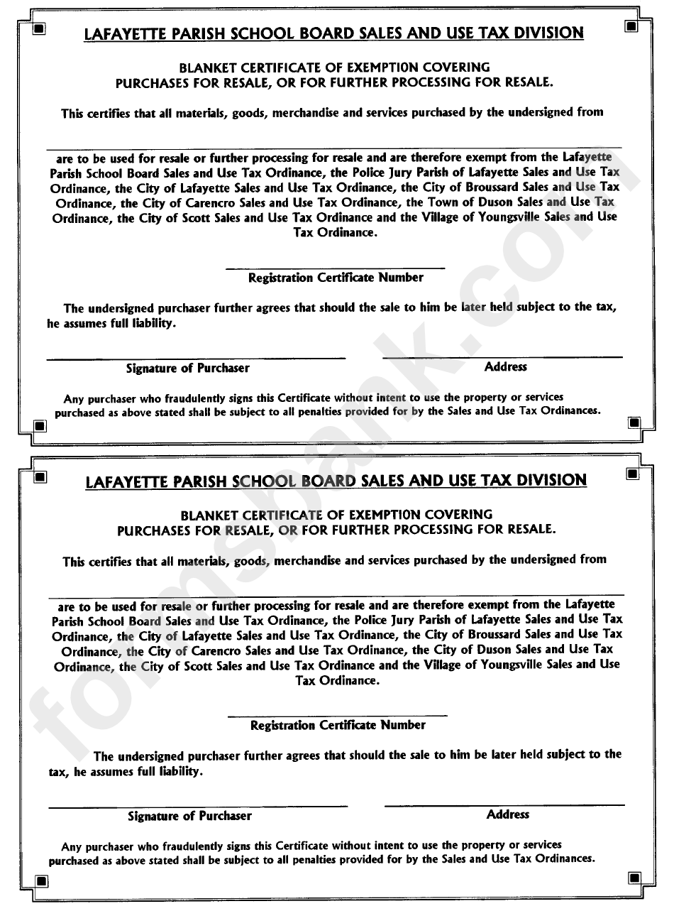 Blanket Certificate Of Exemption Lafayette Parish School Board Sales