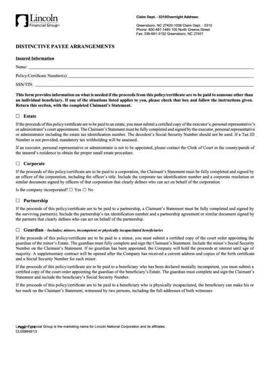 Fillable Form Cl05984 - Distinctive Payee Arrangement - Lincoln Financial Group Printable pdf