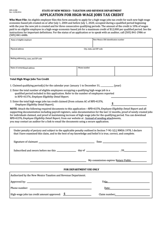 Form Rpd-41288 - Application For High-Wage Jobs Tax Credit Printable pdf