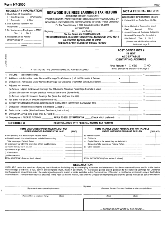 Form N7-2000 - Norwood Business Earnings Tax Return Printable pdf