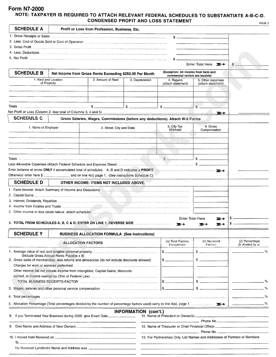 Form N7-2000 - Norwood Business Earnings Tax Return