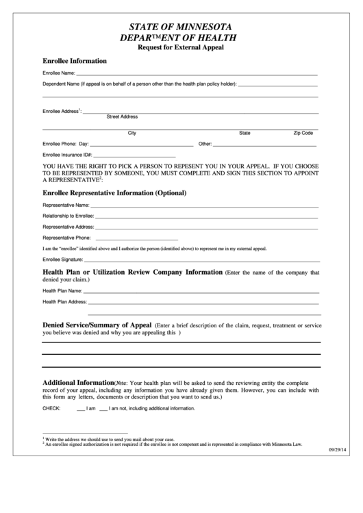 Request For External Appeal Form - Minnesota Department Of Health Printable pdf