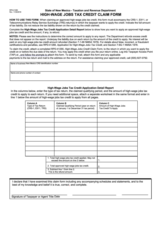 Form Rpd-41290 - High-Wage Jobs Tax Credit Claim Form Printable pdf
