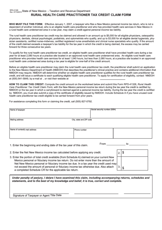 Form Rpd-41326 - Rural Health Care Practitioner Tax Credit Claim Form Printable pdf