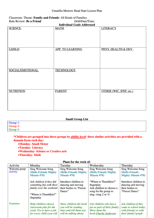 Umatilla - Morrow Head Start Lesson Plan - Family And Friends (All Kinds Of Families) Printable pdf
