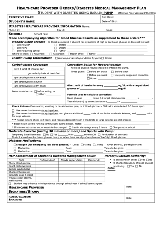 Healthcare Provider Orders/diabetes Medical Management Plan Form - Student With Diabetes Using Insulin Pump Printable pdf