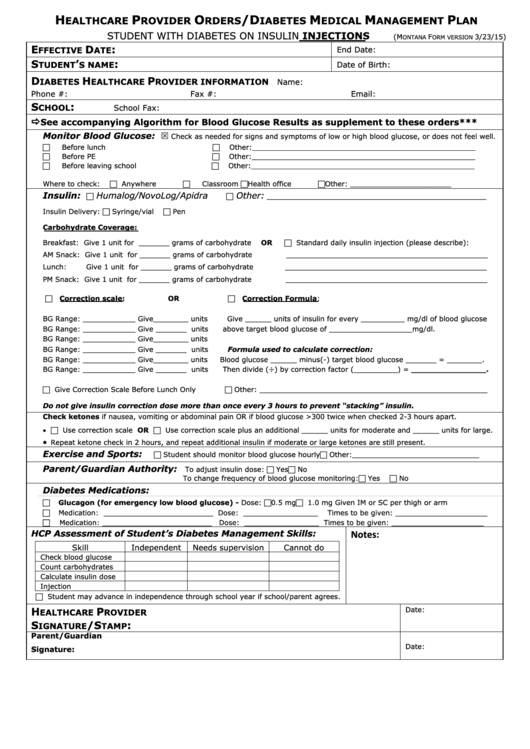Healthcare Provider Orders/diabetes Medical Management Plan Form - Student With Diabetes On Insulin Injection Printable pdf