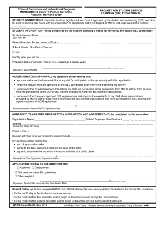 Fillable Mcps Form 560-50 - Request For Student Service Learning (Ssl) Preapproval - Montgomery County Public Schools Printable pdf