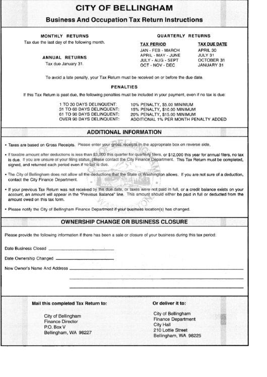 Business And Occupation Tax Return Instructions - City Of Bellingham Finance Department Printable pdf