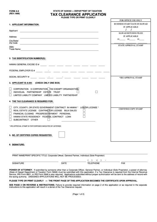 Fillable Form A-6 - Tax Clearance Application Printable pdf