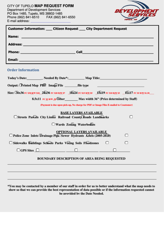 Fillable Map Request Form - City Of Tupelo Department Of Development Services Printable pdf