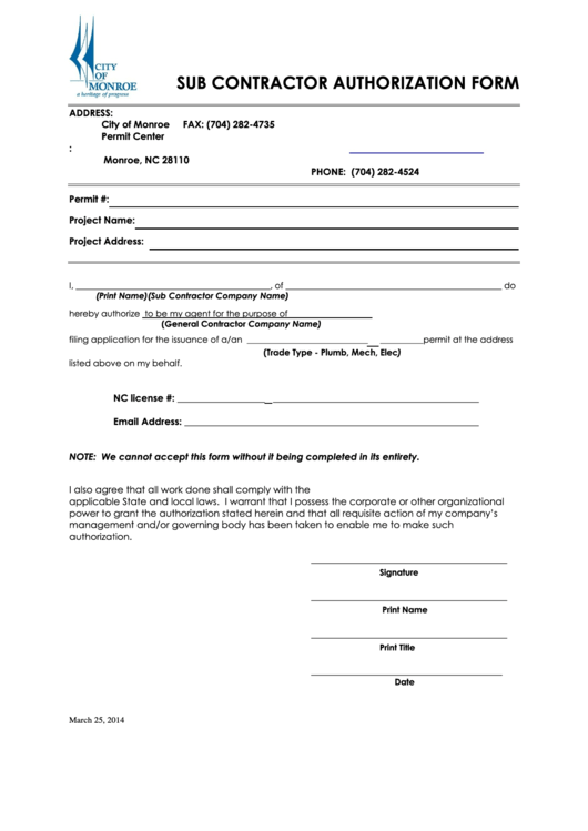 Sub Contractor Authorization Form - City Of Monroe Permit Center Printable pdf