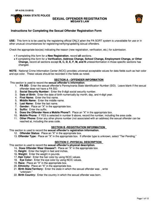 Form Sp 4-218 - Sexual Offender Registration Printable pdf