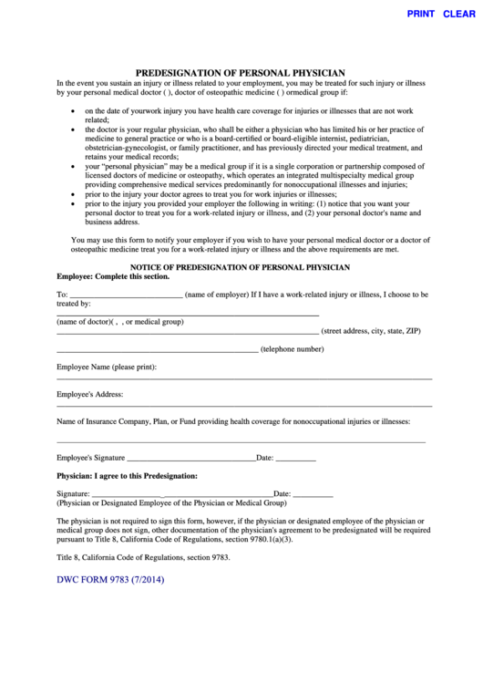 Fillable Dwc Form 9783 - Notice Of Predesignation Of Personal Physician Printable pdf