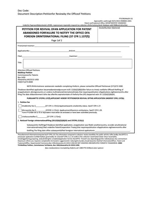 Fillable Petition For Revival Of An Application For Patent Abandoned For Failure To Notify The Office Of A Foreign Or International Filing - Us Department Of Commerce Printable pdf